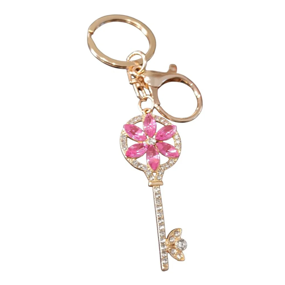 Floral Rhinestone Skeleton Key Keychain Purse Charm with Pink Flower